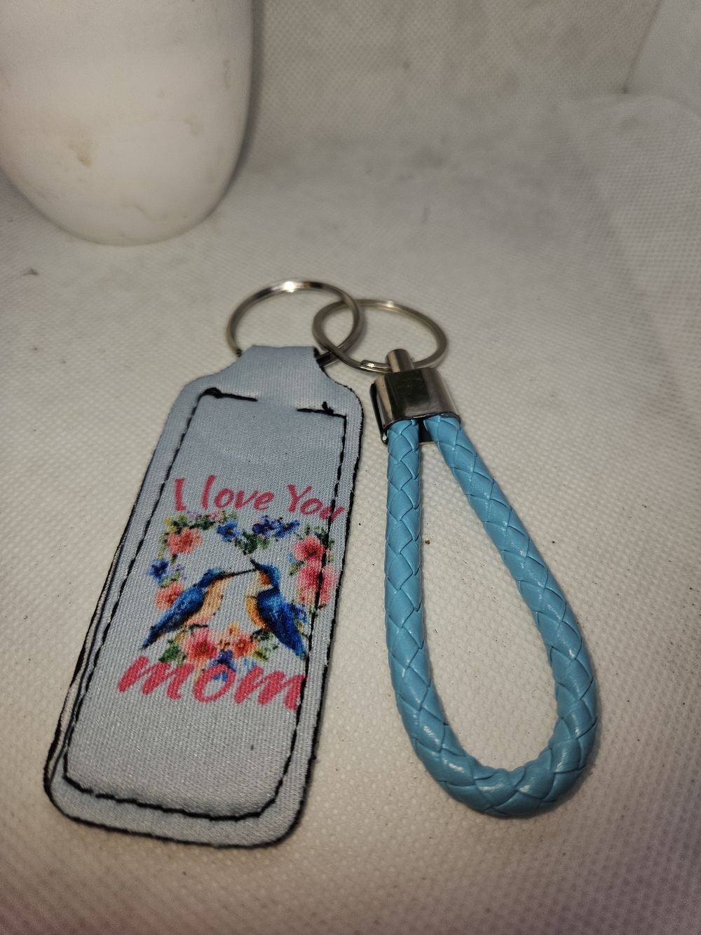 I Love You Mom Blue Bird Keychain Set Lip Balm Holder